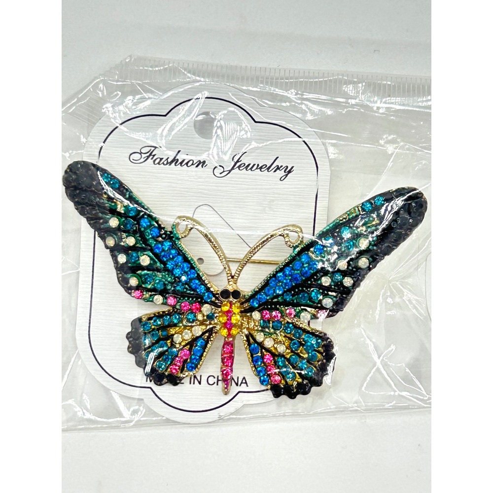 Fashion Jewelry Multicolor Rhinestone Butterfly Brooch Gold Tone Crystal Pin